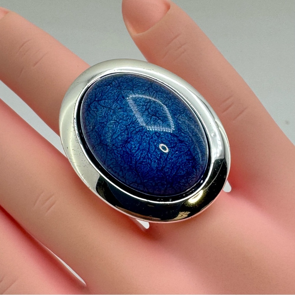 Silver Tone Oval Blue Faux Stone Statement Ring Bold Cocktail